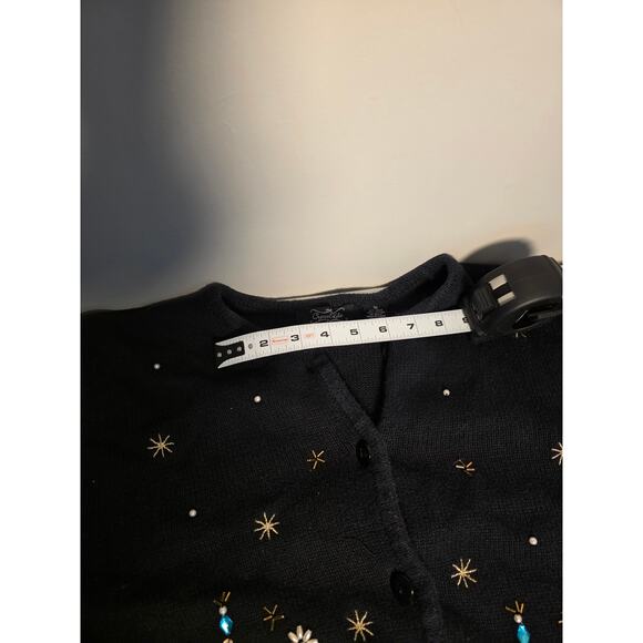 Crystal Kobe Womens XL black ugly cardigan sweater embroidered Christmas trees - Picture 4 of 7